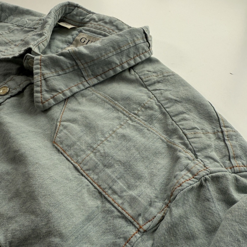 GUESS Denim Western Pearl‎ Snap Button Up Long Sleeve Shirt Mens Large Blue - Picture 4 of 15